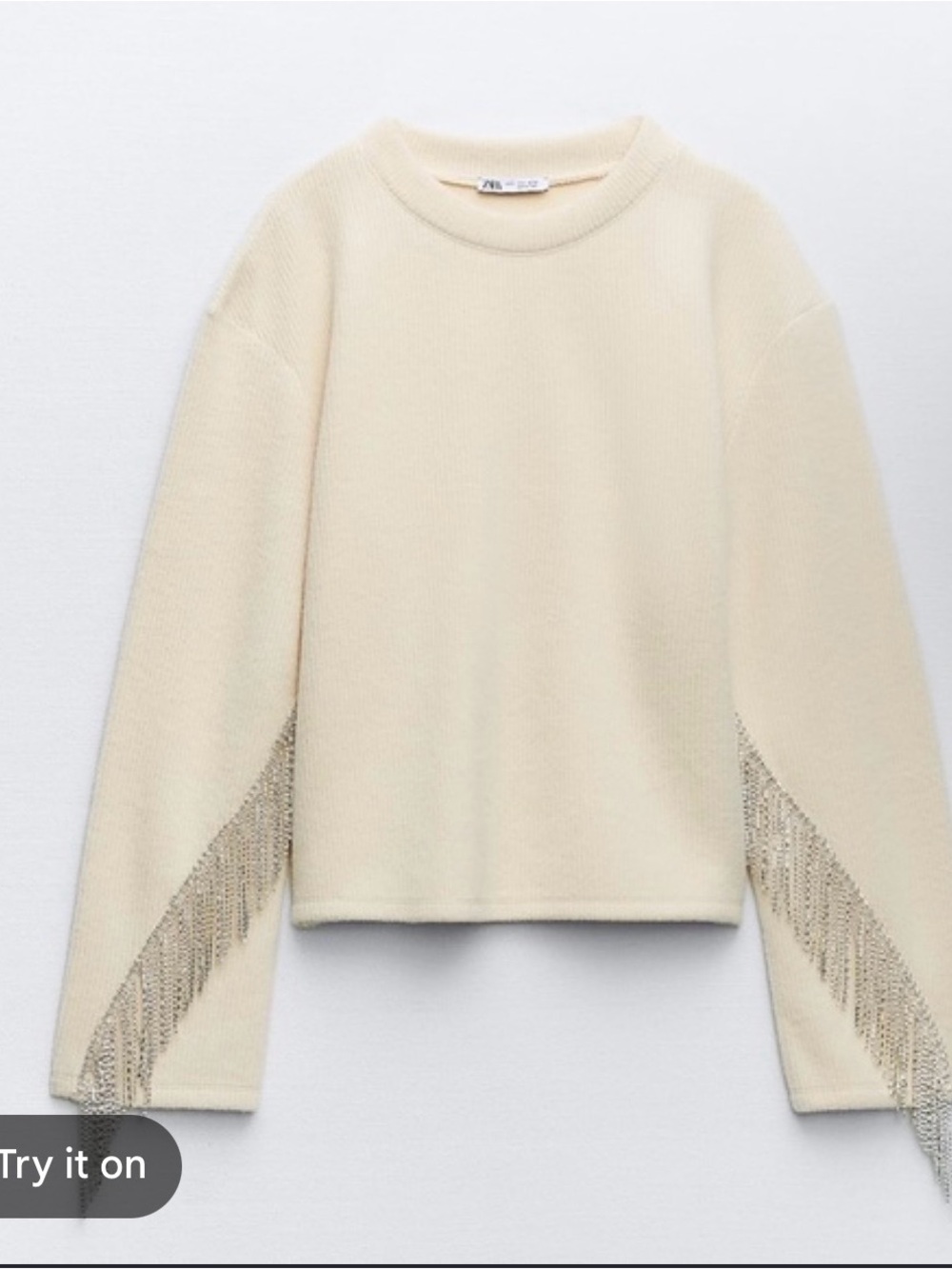 ZARA Cream Sweater with Metallic Fringe Sleeve Trim